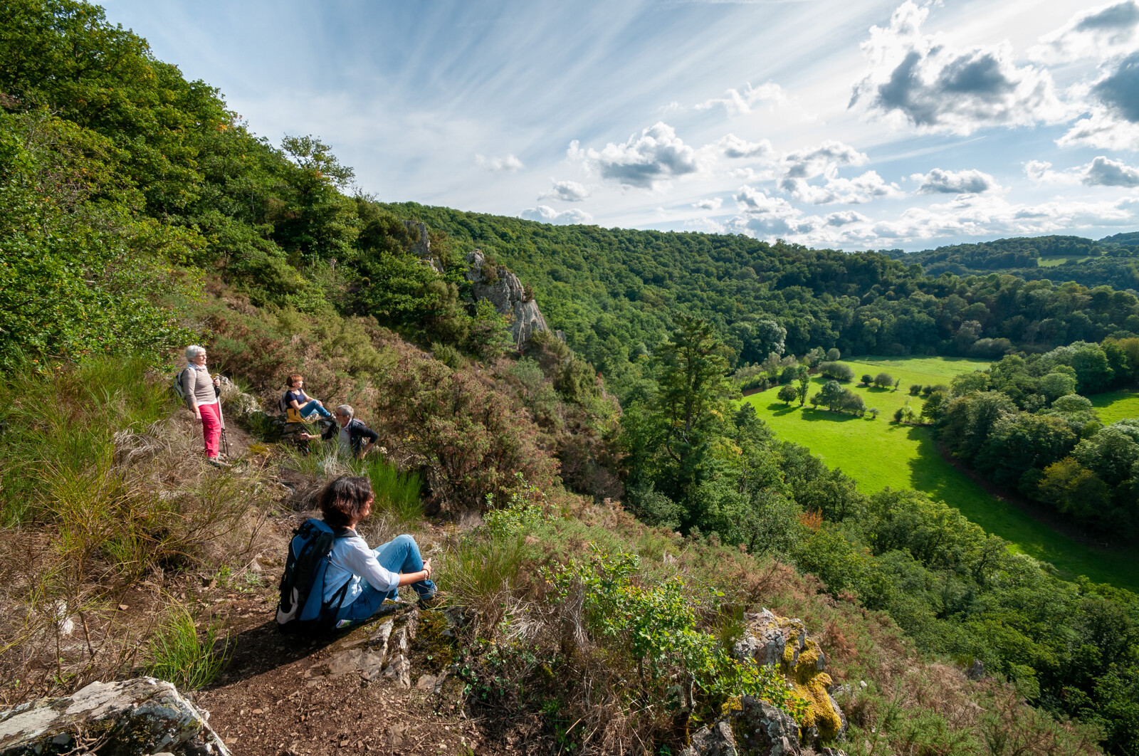 Randonneurs en surplomb des falaises boisées de la Suisse normande