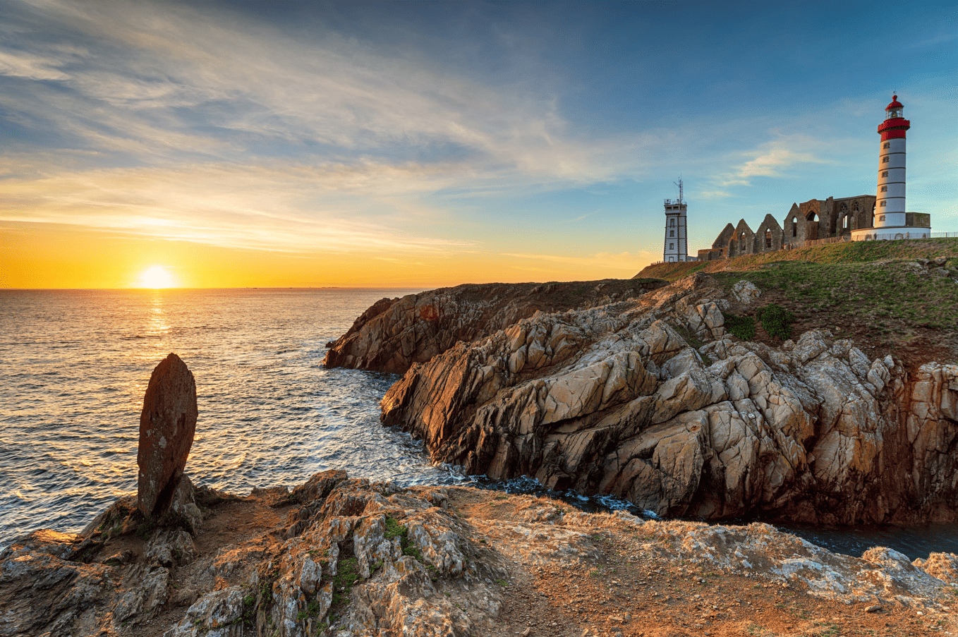 Photo du Phare de Saint-Mathieu avec un couché de soleil. Meilleurs Spots Photo en Bretagne